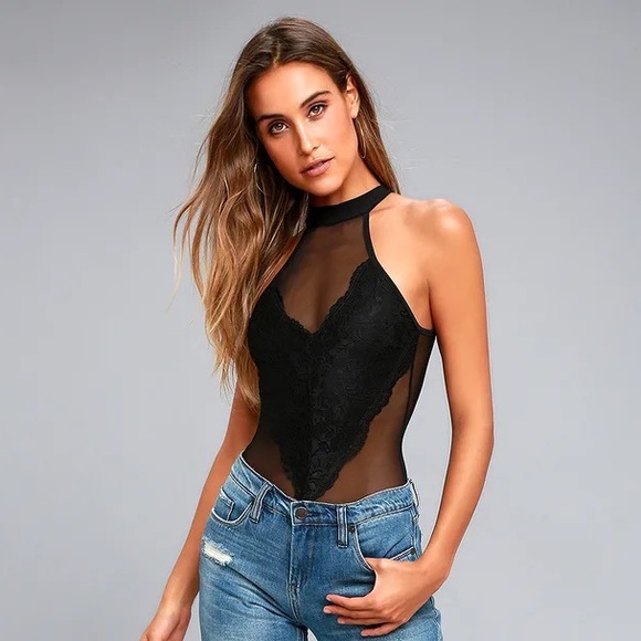 Lulus Tops - Black Lace and Mesh Bodysuit